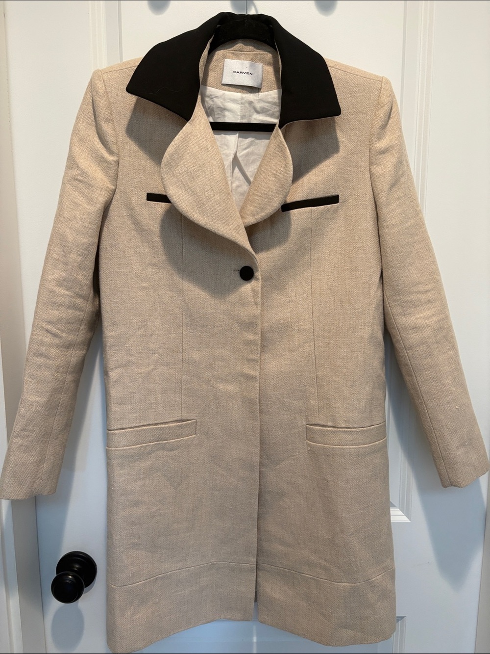 Carven Beige Trench Coat with Black Collar and Trim